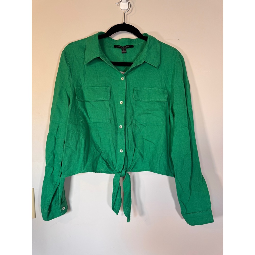 Marc New York Andrew Marc Green Linen Blend Tie Front Cropped Shirt M4MTA684 NEW